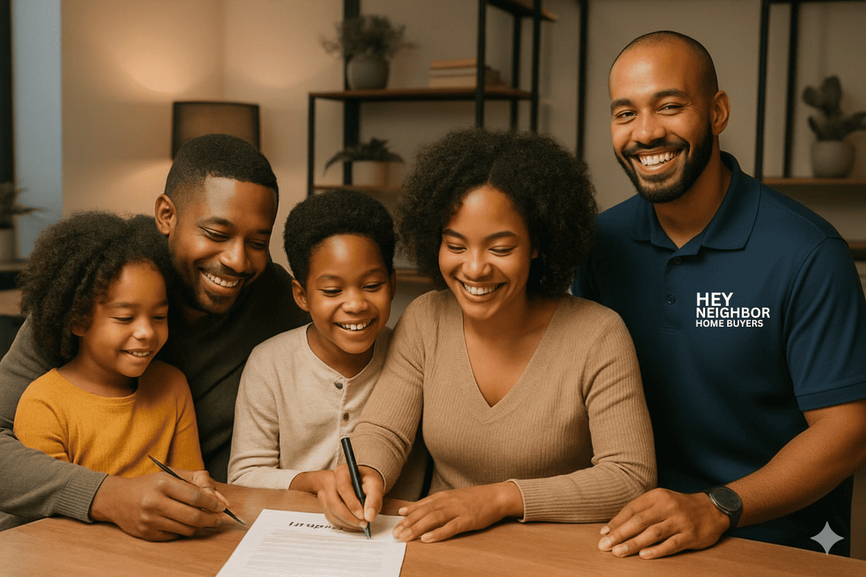 Happy Family Signing Contract with Hey Neighbor Home Buyers